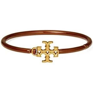 NWT Tory Burch Kira Brown Enamel, Gold Logo  Hinged Cuff Bracelet